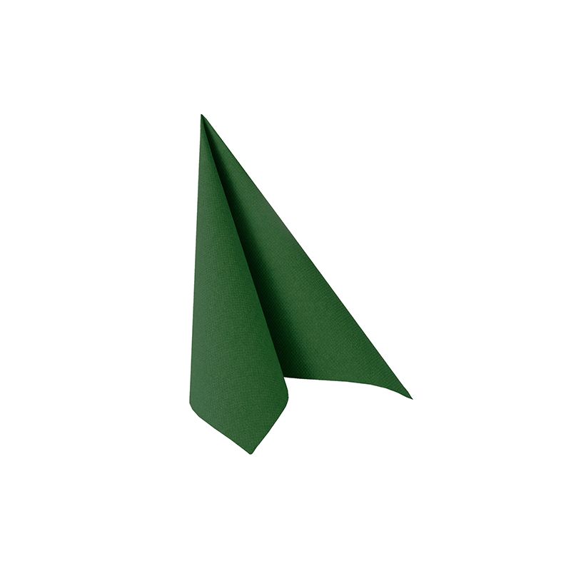 Um guardanapo verde PAPSTAR GmbH "ROYAL Collection" (40x40 cm, dobrado em 1/4) está de pé sobre um fundo branco - ideal para decorações de mesa elegantes.