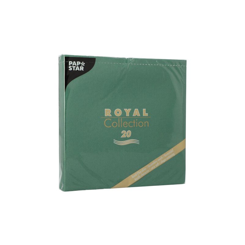 Um pacote verde de PAPSTAR guardanapos "ROYAL Collection" 1/4-dobra no tamanho 40 cm x 40 cm com 20 peças é perfeito para a sua decoração de mesa. A embalagem destaca o nome da marca "PAPSTAR GmbH" com o texto "Royal Collection 20" em elegante fonte dourada.
