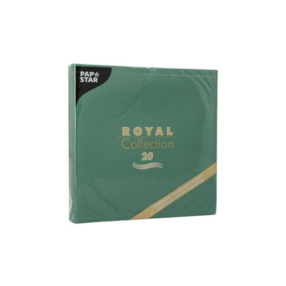 Um pacote verde de PAPSTAR guardanapos "ROYAL Collection" 1/4-dobra no tamanho 40 cm x 40 cm com 20 peças é perfeito para a sua decoração de mesa. A embalagem destaca o nome da marca "PAPSTAR GmbH" com o texto "Royal Collection 20" em elegante fonte dourada.