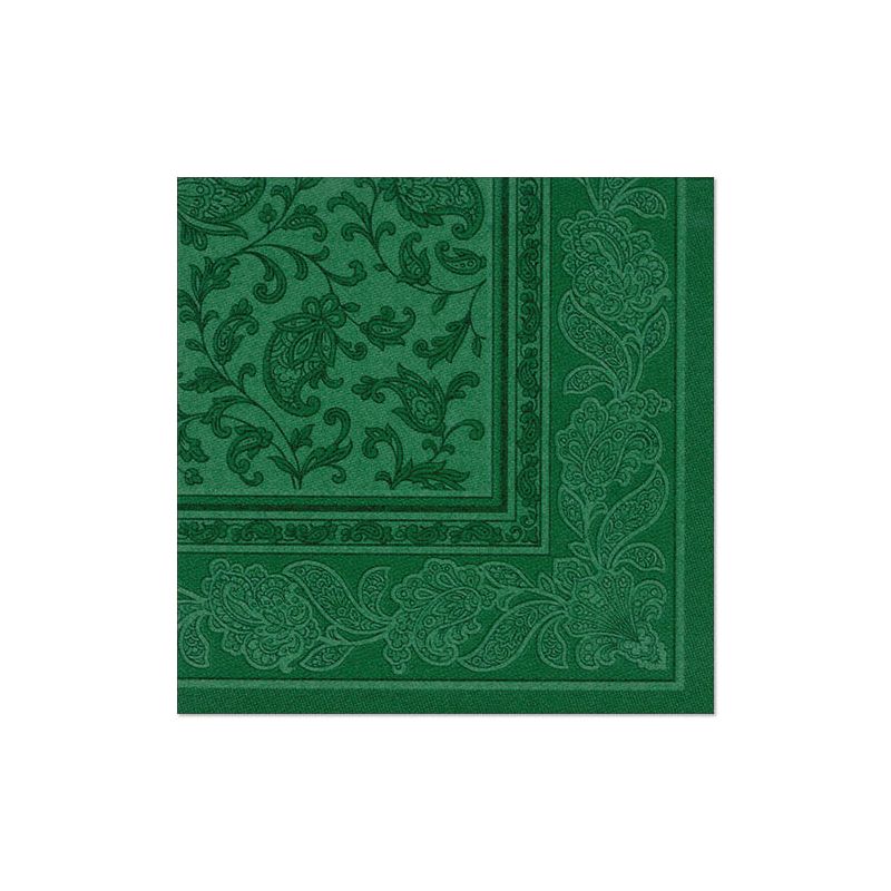 Os 20 guardanapos "ROYAL Collection" 1/4-dobra 40x40 cm da PAPSTAR GmbH com borda paisley e floral verde sobre fundo branco valorizam qualquer mesa posta.