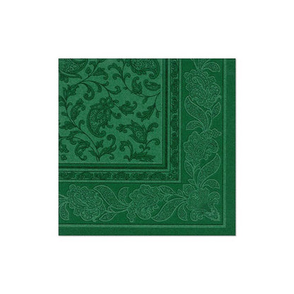 Os 20 guardanapos "ROYAL Collection" 1/4-dobra 40x40 cm da PAPSTAR GmbH com borda paisley e floral verde sobre fundo branco valorizam qualquer mesa posta.