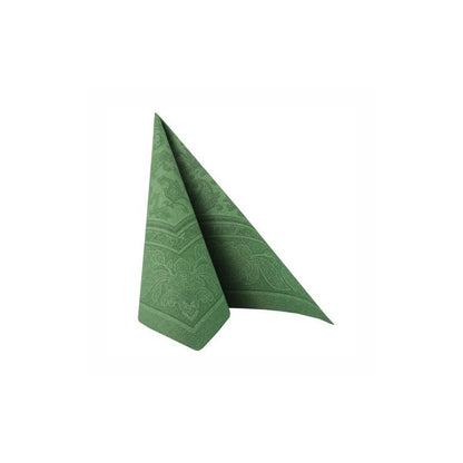 Um guardanapo verde da "ROYAL Collection" da PAPSTAR GmbH está de pé diante de um fundo branco simples, valorizando a sua decoração de mesa. O padrão exibe elementos florais e geométricos intricados.