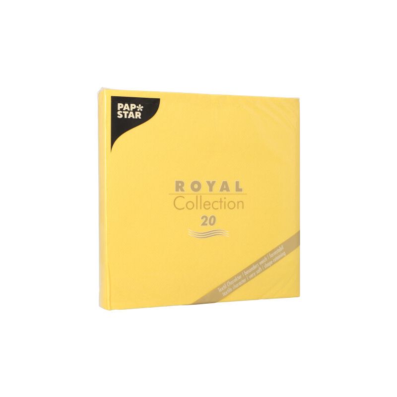 Imagem de um pacote amarelo com a inscrição "ROYAL Collection 20" e o logotipo PAPSTAR no canto superior esquerdo. O pacote contém 20 guardanapos de papel, ideal para uma decoração de mesa elegante.