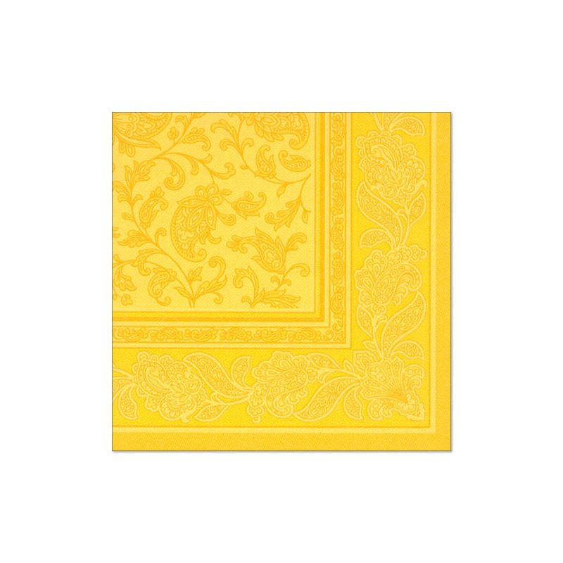 Um guardanapo amarelo da "ROYAL Collection" da PAPSTAR com uma borda detalhada de flores e paisley embeleza idealmente a sua decoração de mesa.