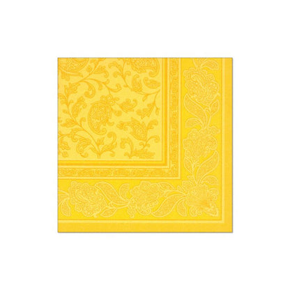 Um guardanapo amarelo da "ROYAL Collection" da PAPSTAR com uma borda detalhada de flores e paisley embeleza idealmente a sua decoração de mesa.