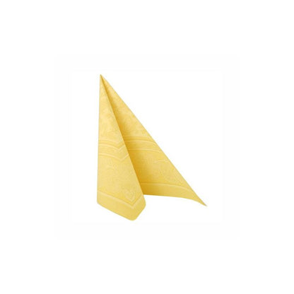Um guardanapo amarelo da "ROYAL Collection" da PAPSTAR GmbH com dobra triangular e bordas padronizadas valoriza a sua decoração de mesa sobre um fundo branco radiante.