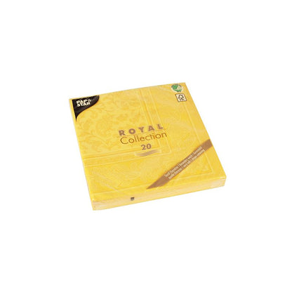 Na imagem, um conjunto de guardanapos amarelos da "ROYAL Collection" da PAPSTAR GmbH, composto por 20 peças. A embalagem é ideal para decoração de mesa, apresenta padrões decorativos e contém um símbolo de reciclagem no canto superior.