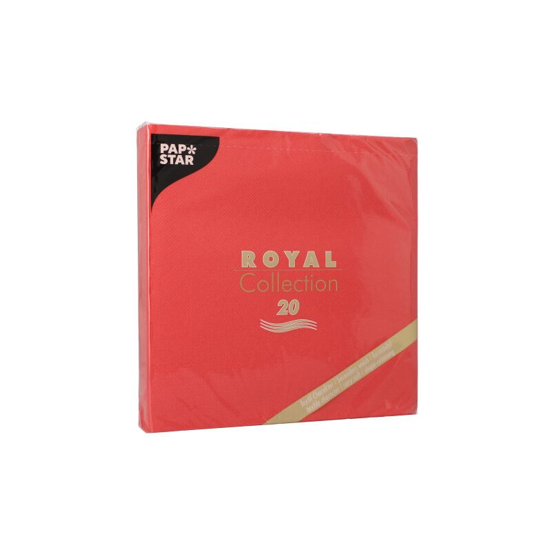 Um pacote com 20 guardanapos vermelhos PAPSTAR ROYAL Collection (40x40 cm, 1/4 dobra) da PAPSTAR GmbH. A embalagem exibe texto dourado e uma faixa dourada diagonal no canto inferior direito - ideal para a sua decoração de mesa.