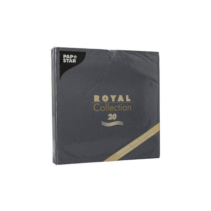 A imagem mostra uma embalagem preta PAPSTAR 20 guardanapos "ROYAL Collection" 1/4-dobra (40x40 cm) da PAPSTAR GmbH com inscrição dourada sobre um fundo branco - ideal para uma decoração de mesa estilosa.