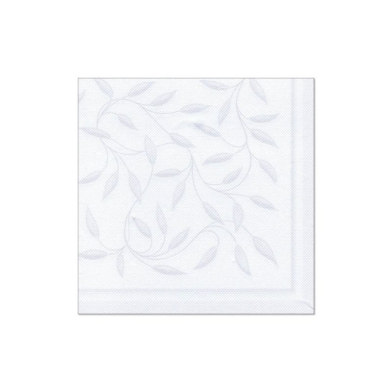 Um guardanapo branco da "ROYAL Collection" da PAPSTAR com dobra 1/4, medindo 40 cm x 40 cm e com um padrão discreto de folhas cinza-claro, está estendido sobre um fundo branco simples. Perfeito para adicionar um toque de elegância à sua mesa e conjunto de guardanapos da PAPSTAR GmbH.