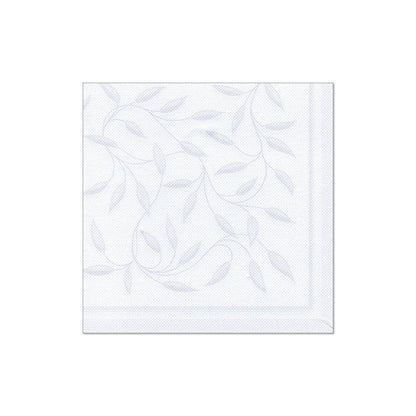 Um guardanapo branco da "ROYAL Collection" da PAPSTAR com dobra 1/4, medindo 40 cm x 40 cm e com um padrão discreto de folhas cinza-claro, está estendido sobre um fundo branco simples. Perfeito para adicionar um toque de elegância à sua mesa e conjunto de guardanapos da PAPSTAR GmbH.