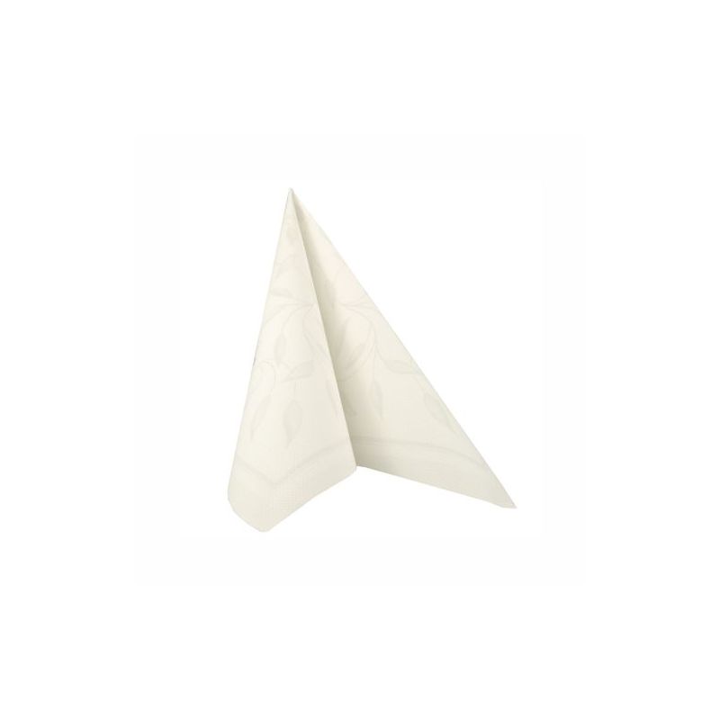 Um guardanapo branco dobrado da "ROYAL Collection" da PAPSTAR está de pé diante de um fundo branco simples. Com um padrão floral discreto, este toque elegante valoriza qualquer decoração de mesa.