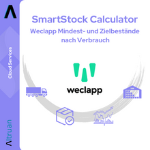 Logotipo e gráfico publicitário para "SmartStock Calculator: Calculadora de Estoque Mínimo e Alvo Weclapp por Consumo" da Altruan com os símbolos de um caminhão, uma caixa de presente e um diagrama como símbolo para a gestão de estoque em um fundo claro.