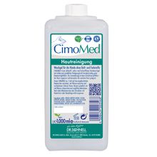 Eine 1000 ml weiße Kunststoffflasche Dr. Schnell CIMOMED Handwaschgel, duft- und farbstofffrei, für Hautreinigung von DR.SCHNELL GmbH & Co. KGaA, ideal für empfindliche Haut mit blau/grünem Etikett, QR-Code, Zertifizierungen & deutscher Anleitung.