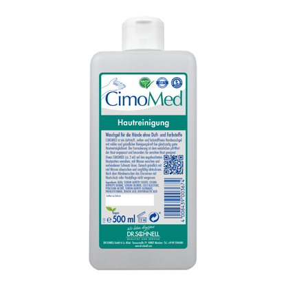 Uma garrafa branca de 500 ml Dr. Schnell CIMOMED Gel de Lavar as Mãos da DR.SCHNELL GmbH & Co. KGaA, sem fragrâncias e corantes, para limpeza da pele, etiqueta em alemão com acentos azul/verde, código de barras e logos de certificação, adequado para pele sensível.