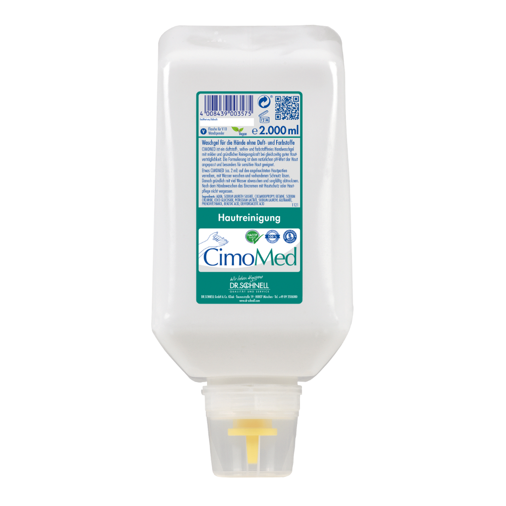Uma garrafa de plástico branca de 2000 ml Dr. Schnell CIMOMED Gel de Lavar as Mãos, sem fragrâncias e corantes, para limpeza da pele da DR.SCHNELL GmbH & Co. KGaA; com etiqueta verde-azul e bico amarelo - ideal para pele sensível.