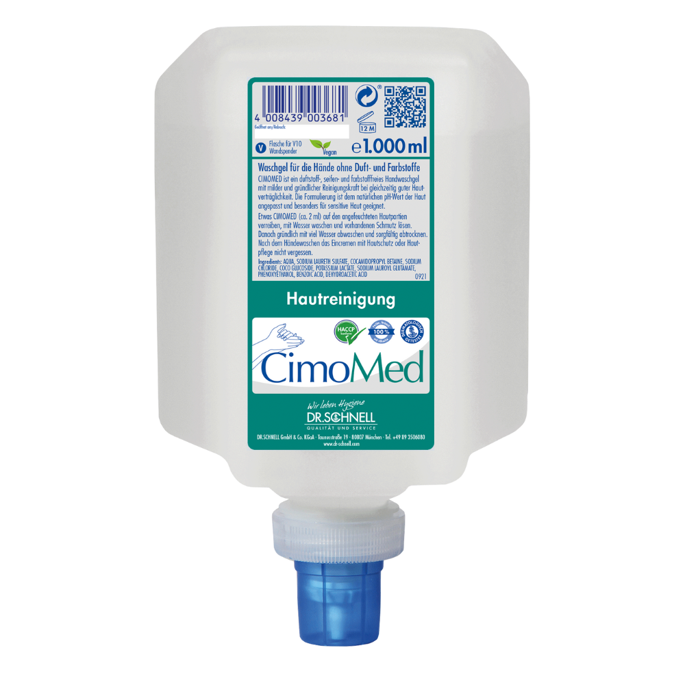 Uma garrafa branca de 1000 ml Dr. Schnell CIMOMED Gel de Lavar as Mãos, sem fragrâncias e corantes para limpeza da pele da DR.SCHNELL GmbH & Co. KGaA, com tampa dispensadora azul e etiqueta alemã com ingredientes e instruções de uso para pele sensível.