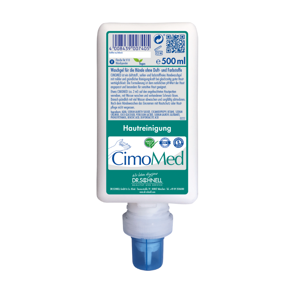 Uma garrafa de 500 ml Dr. Schnell CIMOMED Gel de Lavar as Mãos da DR.SCHNELL GmbH & Co. KGaA, sem fragrâncias e corantes para limpeza da pele, com logotipo branco em alemão e dispensador azul - ideal para pele sensível.