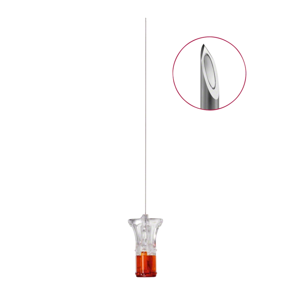 A agulha Spinocan® (0,33 x 120 mm, G 29, 4 3/4") da B. Braun Deutschland GmbH & Co. KG possui um eixo de plástico transparente com base laranja, uma ponta de metal chanfrada para precisão e é ideal para procedimentos médicos.