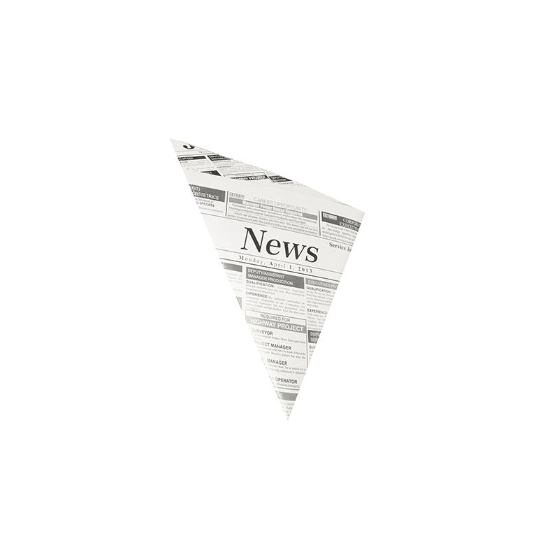 Os cones substituto de pergaminho da PAPSTAR GmbH têm um design triangular “Newsprint” com “News” em negrito, lembrando os clássicos cones de jornal. O restante do texto consiste em manchetes pequenas, parcialmente visíveis, sobre um fundo branco simples, que lembram o prazer de batatas fritas e snacks.