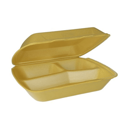 Um recipiente de alimentos em espuma XPS Starpak amarelo com um design de três compartimentos oferece conforto ideal para vendas para levar.