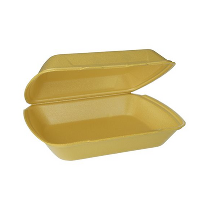 Caixas de menu Starpak XPS em formato retangular amarelo feitas de espuma de poliestireno com tampa articulada parcialmente aberta, revelando o interior vazio, com dimensões de 7,5 x 24,3 x 20,8 cm e disponíveis em pacotes de 100 unidades embaladas em filme retrátil.