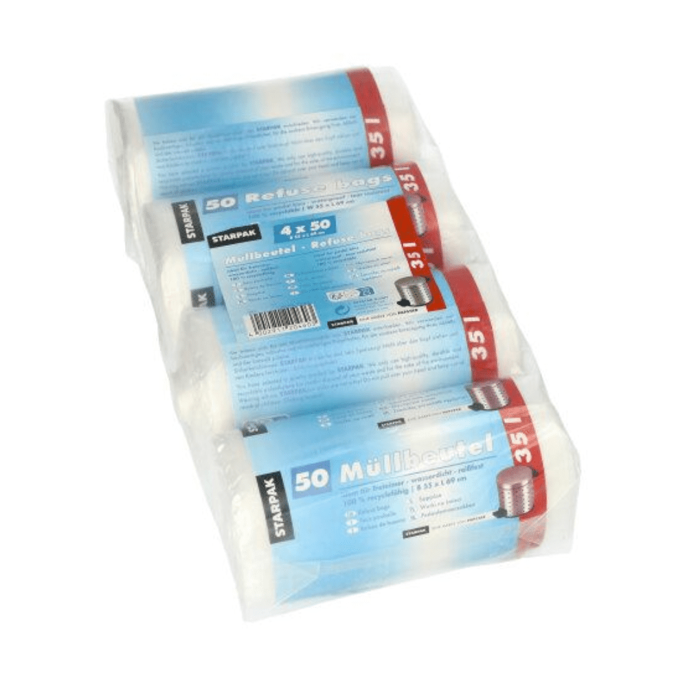 O produto consiste em quatro rolos com sacos de lixo de 35 litros, cada um embalado em uma capa de plástico transparente. A etiqueta em cada rolo traz o texto "Starpak" e "50 sacos de lixo", indicando que são destinados ao uso doméstico.