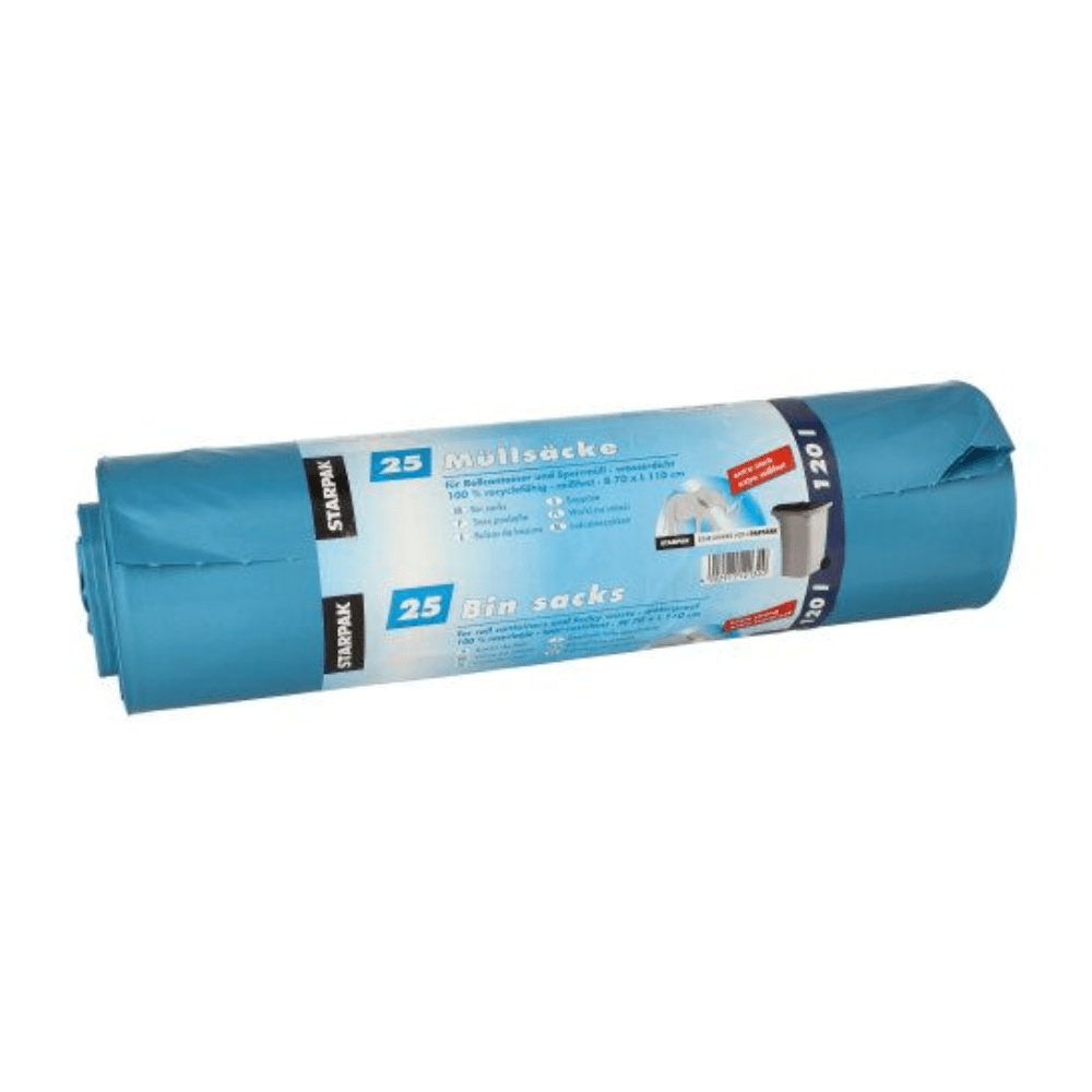 Um rolo de sacos de lixo Starpak, composto por sacos azuis com um volume de 120 litros (A 110 x L 70 cm), embrulhado em película de LDPE com uma faixa que indica que é um pacote de 25 unidades. A etiqueta mostra imagens de um caixote de lixo e contém texto em inglês e alemão.
