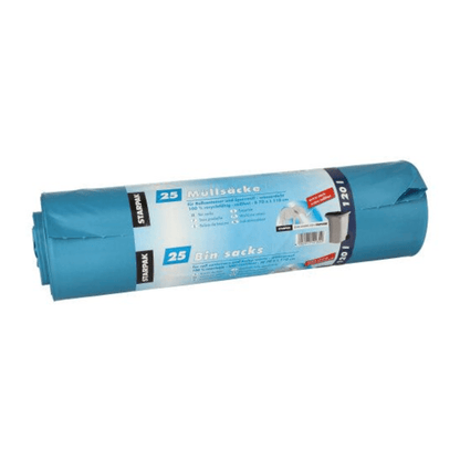 Um rolo de sacos de lixo Starpak, composto por sacos azuis com um volume de 120 litros (A 110 x L 70 cm), embrulhado em película de LDPE com uma faixa que indica que é um pacote de 25 unidades. A etiqueta mostra imagens de um caixote de lixo e contém texto em inglês e alemão.