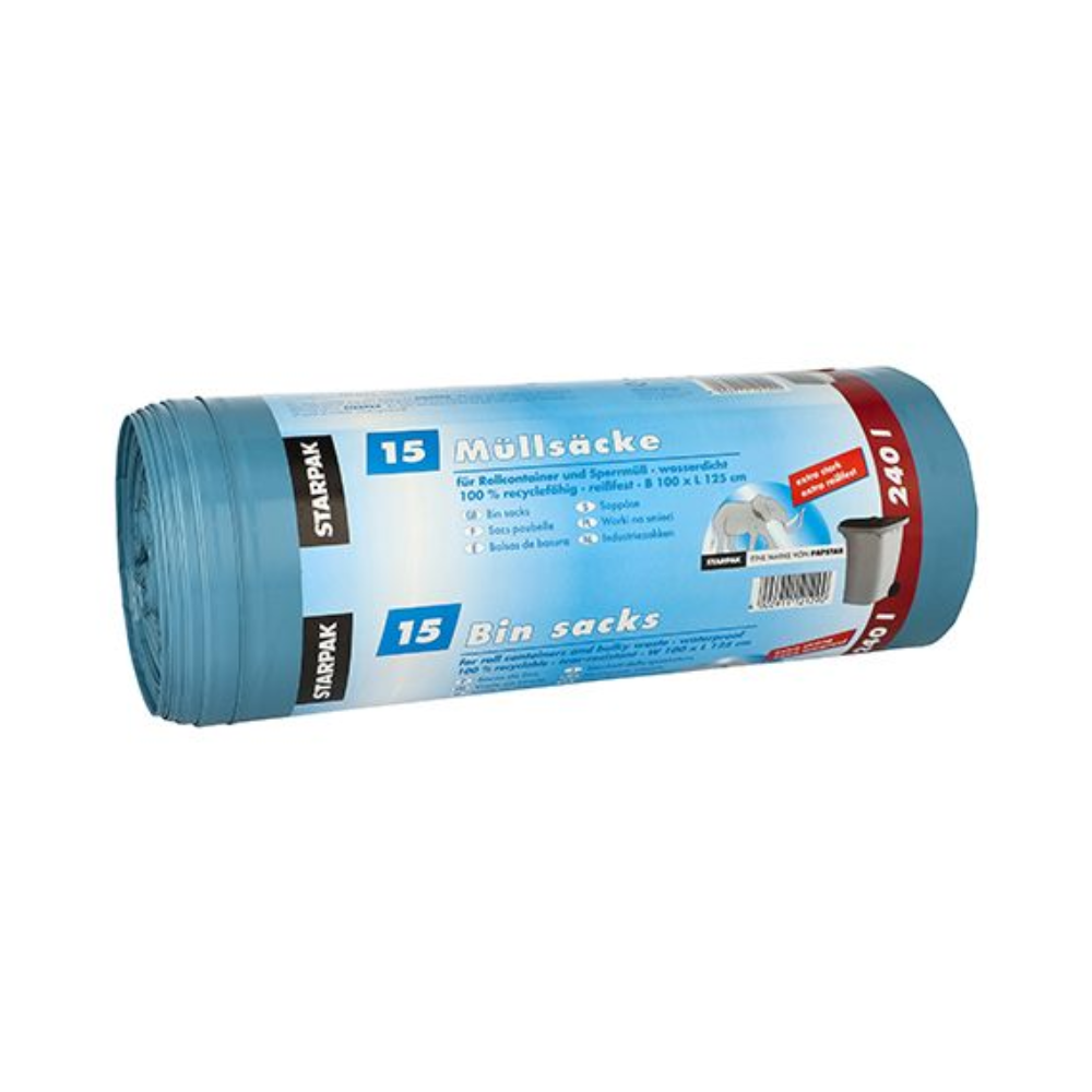 Um rolo de sacos de lixo Starpak 240 l H 125 x L 100 cm azul, equipado com uma faixa multilingue com "Sacos de lixo 240 litros", "15 unidades" e "100% plástico reciclado", é perfeito para a eliminação de lixo volumoso. Feito de filme LDPE resistente, a marca "Starpak" destaca-se.