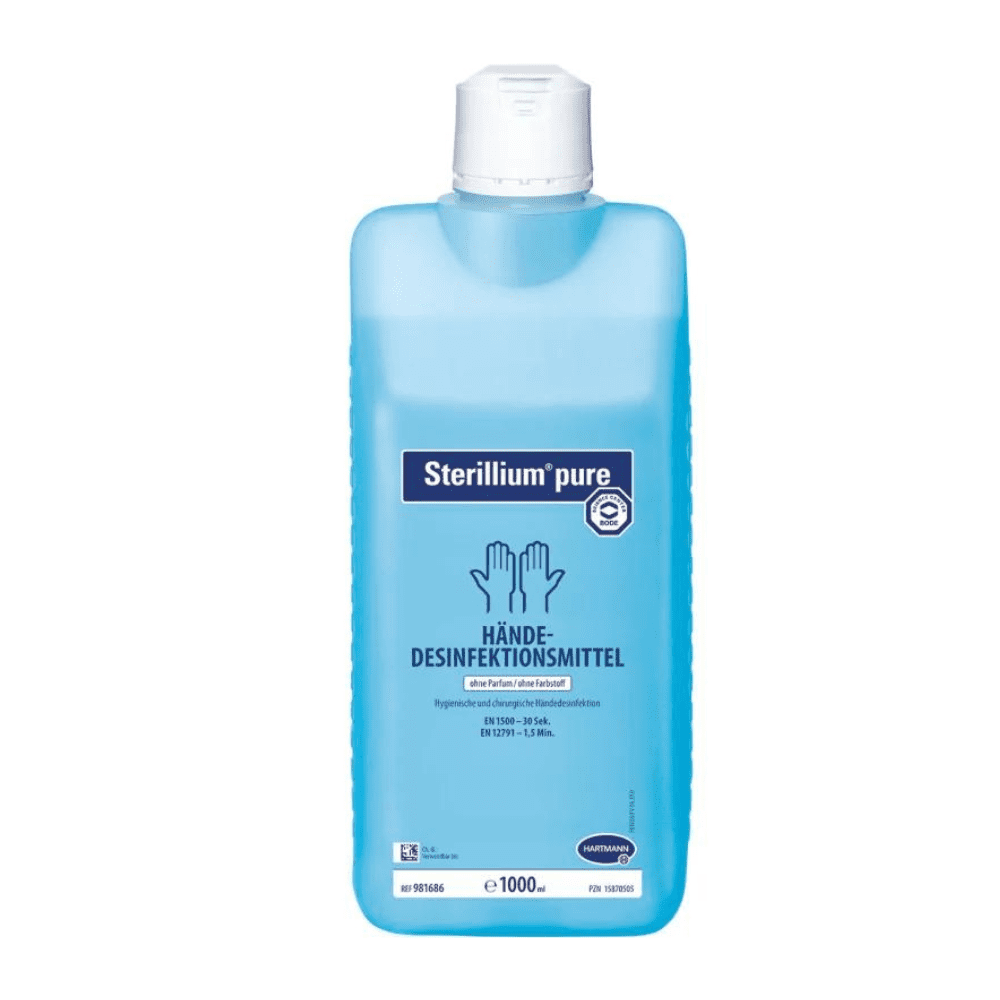 Uma garrafa de desinfetante para mãos Hartmann Sterillium® pure da Paul Hartmann AG em azul, com nome e detalhes do produto em alemão, destacando a eficácia antibacteriana e antifúngica.