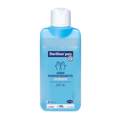 Uma garrafa de desinfetante para mãos Hartmann Sterillium® pure, 500ml. A garrafa é azul e rotulada com letras em branco e azul, indicando que se trata de um desinfetante higiênico para mãos da Paul Hartmann AG.