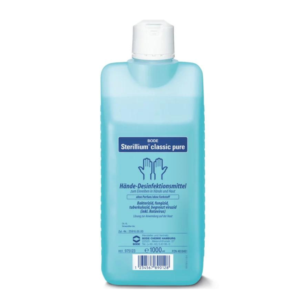 Um frasco de desinfetante para mãos Sterillium® classic pure, 1000 ml, com informações em alemão destacando as propriedades bactericidas, fungicidas e virucidas.
Nome da marca: Paul Hartmann AG
