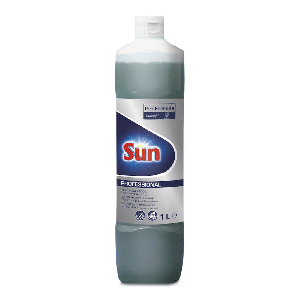 Uma garrafa de 1 litro de detergente para louça Diversey Sun Professional da Diversey Deutschland GmbH & Co. OHG possui uma tampa branca, um rótulo predominantemente branco com o logotipo Sun, detalhes do produto, símbolos de limpeza e segurança, e destaca-se por um fresco aroma de limão.