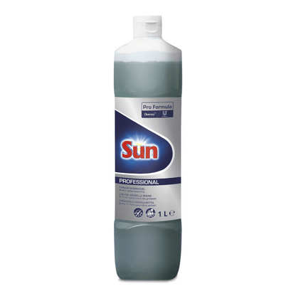 Uma garrafa de 1 litro de detergente para louça Diversey Sun Professional da Diversey Deutschland GmbH & Co. OHG possui uma tampa branca, um rótulo predominantemente branco com o logotipo Sun, detalhes do produto, símbolos de limpeza e segurança, e destaca-se por um fresco aroma de limão.