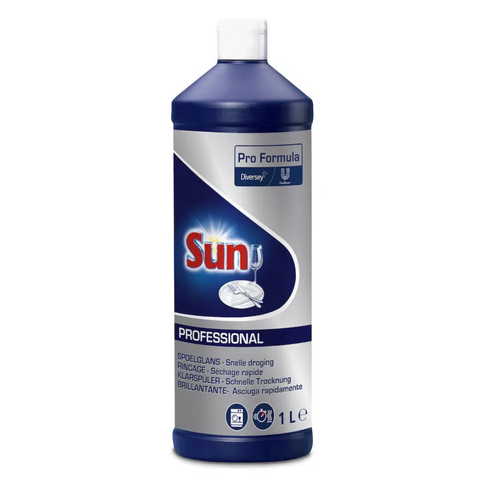Uma garrafa de 1 litro de SUN Professional Clarificante da Diversey Deutschland GmbH & Co. OHG é ideal para a sua máquina de lavar louça. O rótulo azul e branco apresenta um logotipo com um copo cintilante e destaca as propriedades de secagem rápida do clarificante para louça sem manchas, especialmente desenvolvidas para uso profissional.