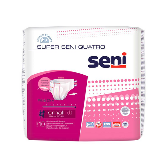 Eine Packung Super Seni Quatro Inkontinenzhosen, Größe S-XL – 10 Stück der TZMO Deutschland GmbH in rosa-weißem Design mit Bildern des Produkts und hervorgehobenen verschiedenen Funktionen wie „Fit & Dry“.