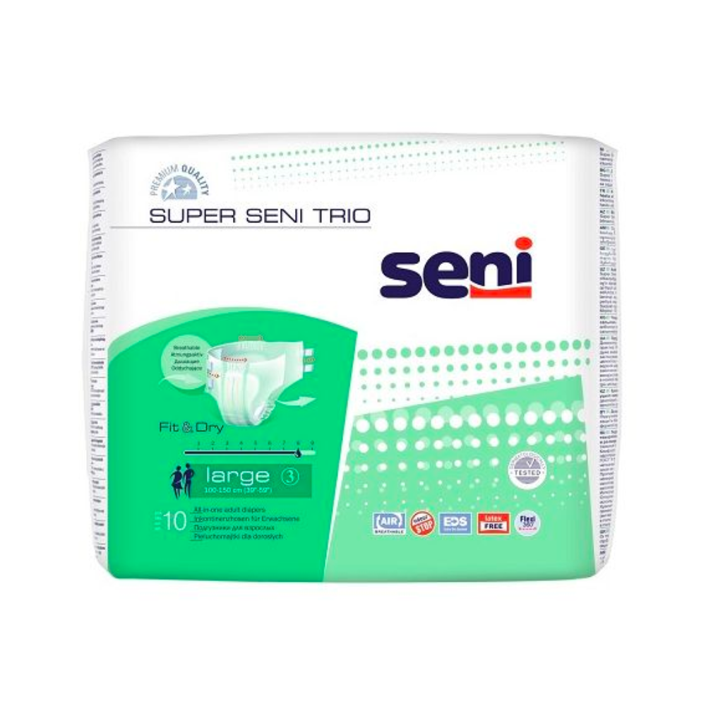 Um pacote de fraldas para incontinência Super Seni Trio da TZMO Deutschland GmbH no tamanho Large, composto por 10 unidades. A embalagem é principalmente branca e verde, e na frente estão listadas as características do produto.