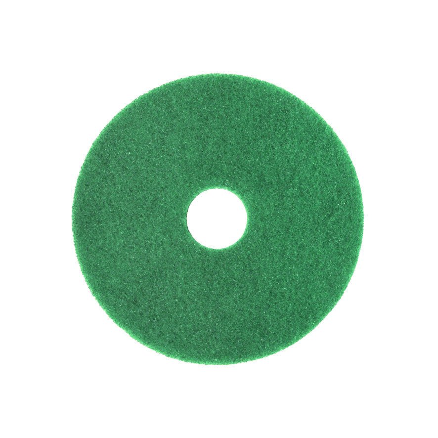 O Arcora Superpad Verde da Arcora International GmbH é um pad verde, redondo com um furo no meio, ideal para a limpeza básica em pisos sensíveis ou a limpeza de manutenção em superfícies robustas. Representado sobre um fundo branco.