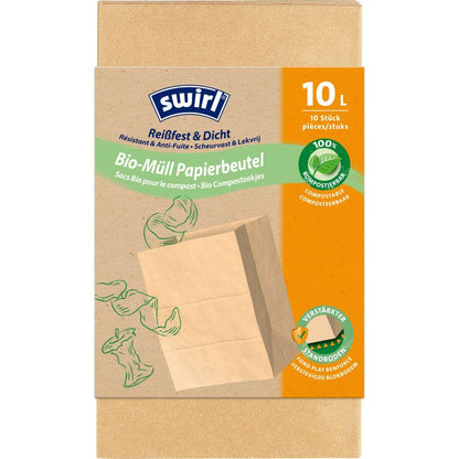 Um rolo de Swirl sacos de papel para lixo orgânico 10l Resistente ao rasgo & Selado da Melitta Europa GmbH & Co. KG, contém 10 sacos de papel compostáveis, resistentes ao rasgo com fundo reforçado. A embalagem mostra um saco com folhas verdes.