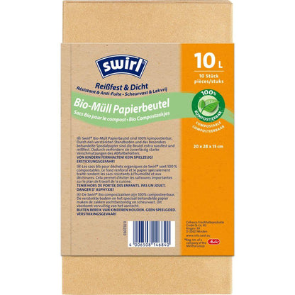 Os Swirl sacos de papel para lixo orgânico 10 l Resistente ao rasgo & Selado da Melitta Europa GmbH & Co. KG contêm 10 sacos compostáveis num rolo e são entregues numa embalagem castanha com acentos verdes e laranja.