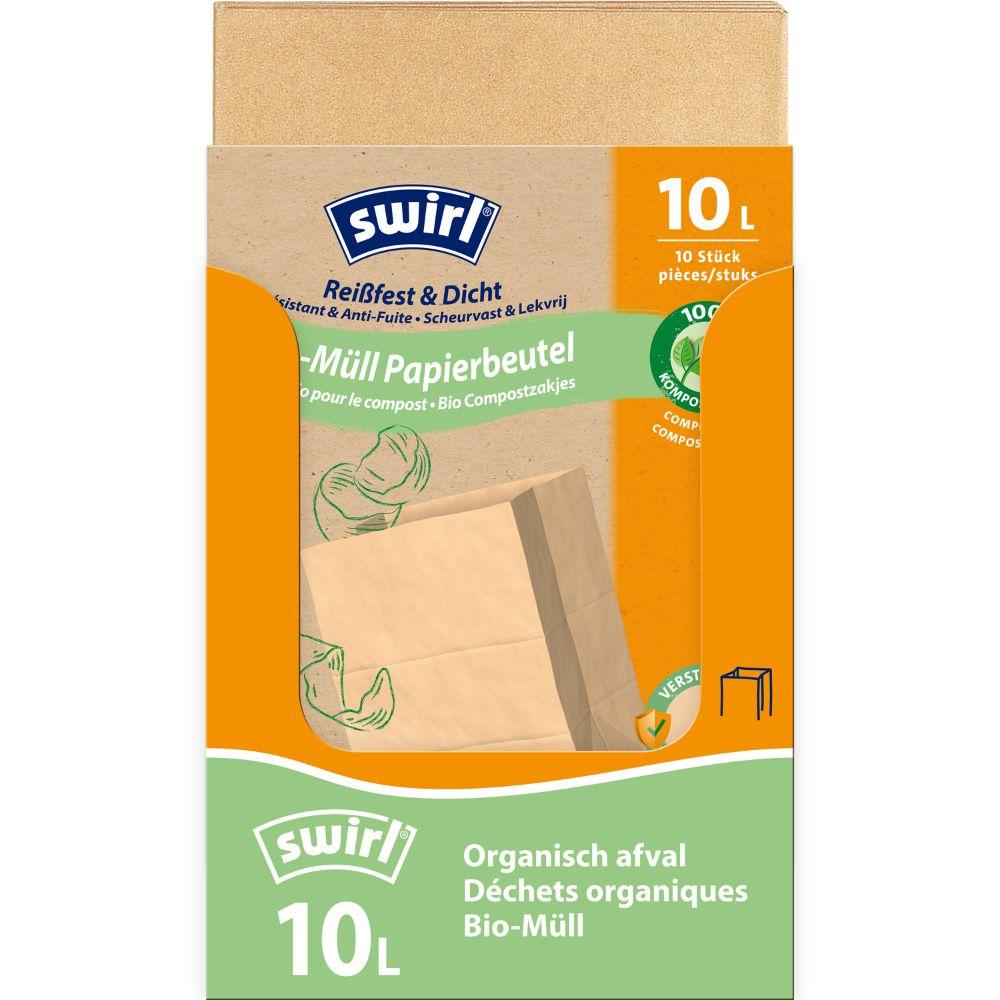 Um rolo de Swirl sacos de papel para lixo orgânico 10 l Resistente ao rasgo & Selado da Melitta Europa GmbH & Co. KG contém 10 sacos de papel compostáveis e robustos para resíduos orgânicos, com texto em várias línguas e uma ilustração de couve.