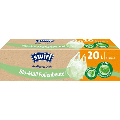 Um rolo Swirl de sacos de lixo orgânico com alça (20L, 6 sacos) da Melitta Europa GmbH & Co. KG - resistente a rasgos, à prova de vazamentos, certificado DINplus, compostável. Imagem de saco verde na embalagem.