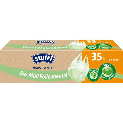 Uma caixa de Swirl sacos de lixo biológico com alça de 35 l da Melitta Europa GmbH & Co. KG contém 6 sacos compostáveis resistentes a rasgos e vazamentos (rotulagem alemã) com símbolos ambientais para descarte ecológico.