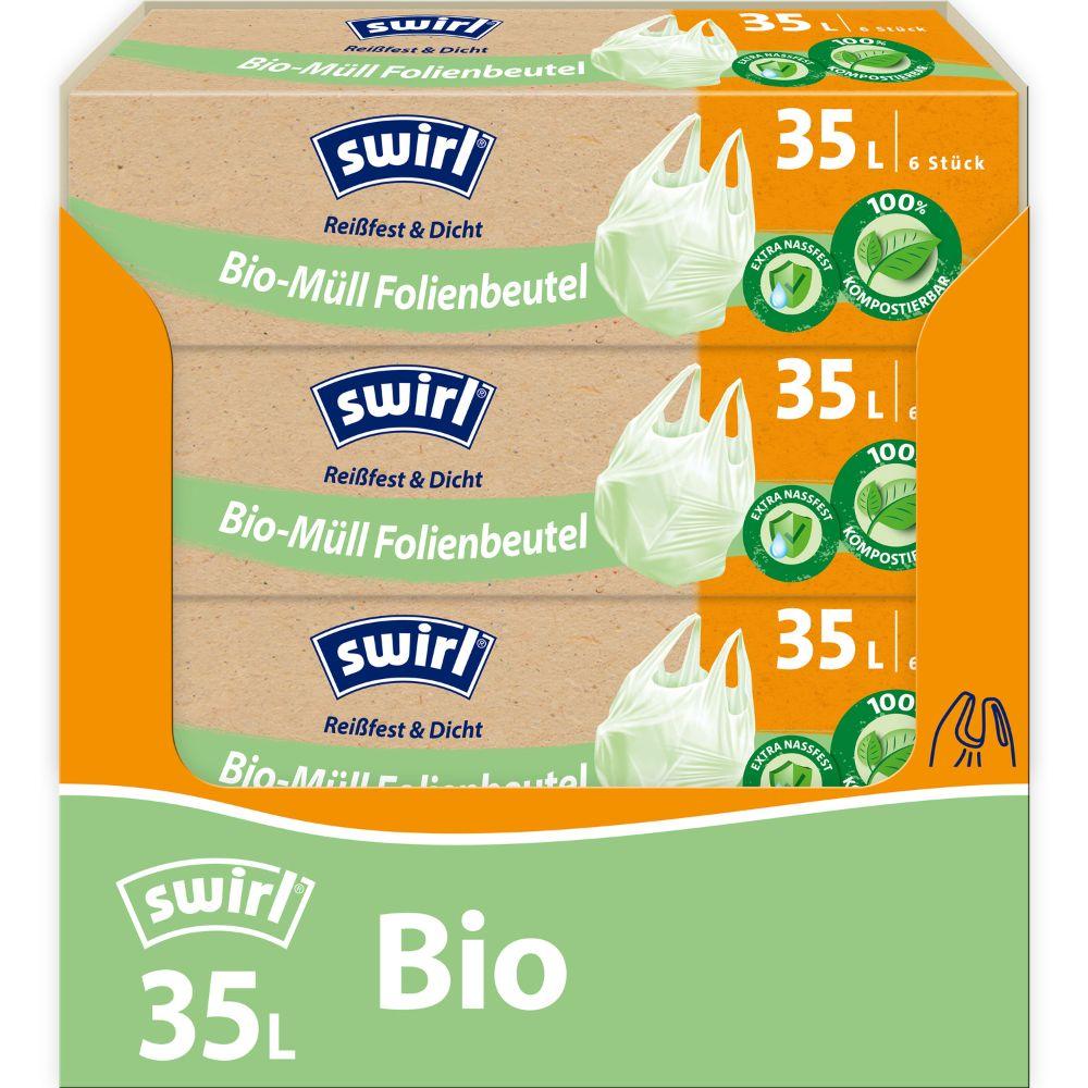 Seis Swirl sacos de lixo biológico com alça de 35l da Melitta Europa GmbH & Co. KG vêm resistentes a rasgos e vazamentos em um rolo, em uma caixa verde-laranja para compostabilidade e descarte ecológico.