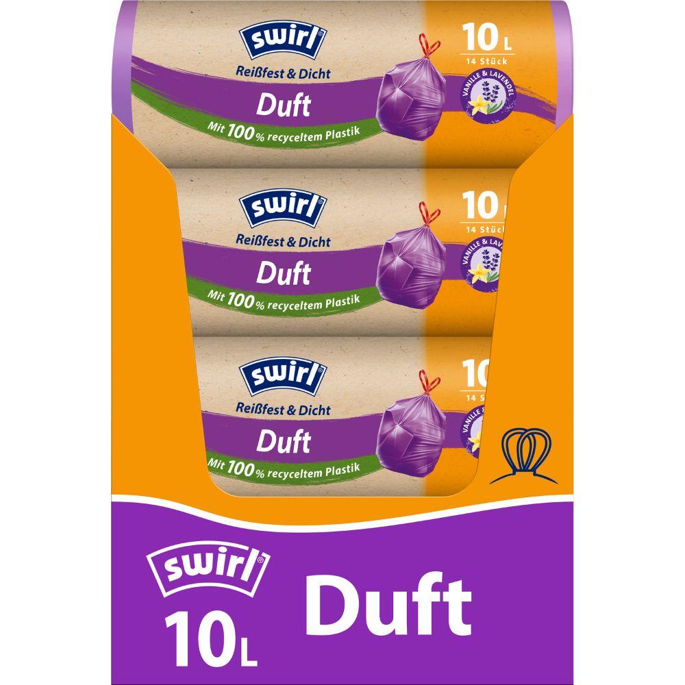 Na imagem, um rolo Swirl de sacos de lixo perfumados de baunilha e lavanda 10l Resistente & Hermético da Melitta Europa GmbH & Co. KG com 14 sacos de lixo, que cheiram a baunilha e lavanda e são feitos de pelo menos 100% de plástico reciclado.