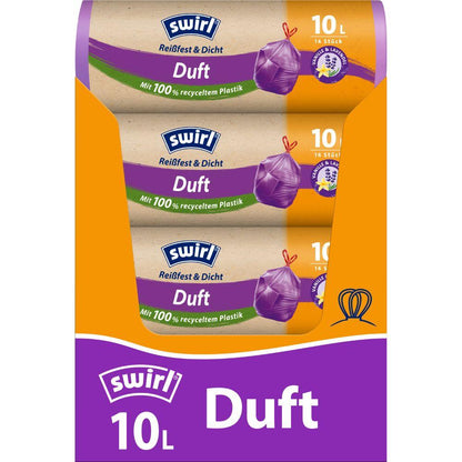 Na imagem, um rolo Swirl de sacos de lixo perfumados de baunilha e lavanda 10l Resistente & Hermético da Melitta Europa GmbH & Co. KG com 14 sacos de lixo, que cheiram a baunilha e lavanda e são feitos de pelo menos 100% de plástico reciclado.