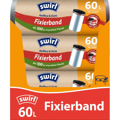 Drei Rollen Swirl Fixierband-Müllbeutel 60 l Reißfest & Dicht von Melitta Europa GmbH & Co. KG (jede Rolle mit 10 Beuteln) werden in einem orangeroten Karton mit deutschen Details und einem Mülltonnen-Motiv geliefert, der aus 100 % recyceltem Kunststoff besteht.