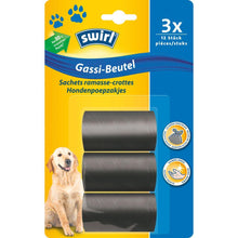 Eine Packung Swirl Gassi-Beutel Reißfest & Dicht (36 Beutel, von Melitta Europa GmbH & Co. KG) in einer Kunststoffverpackung mit gelb-blauem Hintergrund, einem Golden Retriever-Foto, deutschem Text und Feature-Symbolen.