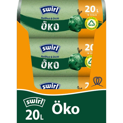 Eine Rolle Swirl Öko-Müllbeutel mit Zugband 20 l von Melitta Europa GmbH & Co. KG enthält 18 reißfeste, auslaufsichere Beutel mit Kordelzugverschluss und umweltfreundlichen Eigenschaften, hergestellt aus recyceltem Kunststoff und mit grünem Siegel versehen.